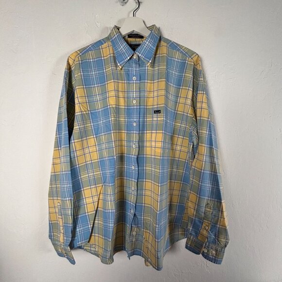 Faconnable Mens XL Yellow & Blue Plaid Button-Up Shirt 100% Cotton Long Sleeve - Picture 1 of 7